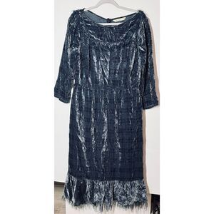 Wayward‎ Eshakti Velour Dress Sz 16 Midi Blue Plaid Fringe Tiered Dressy Holiday
